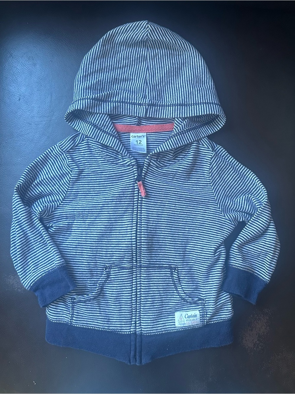 Carter's Navy & White Striped Hooded Zip-Up Sweatshirt - 12 Months